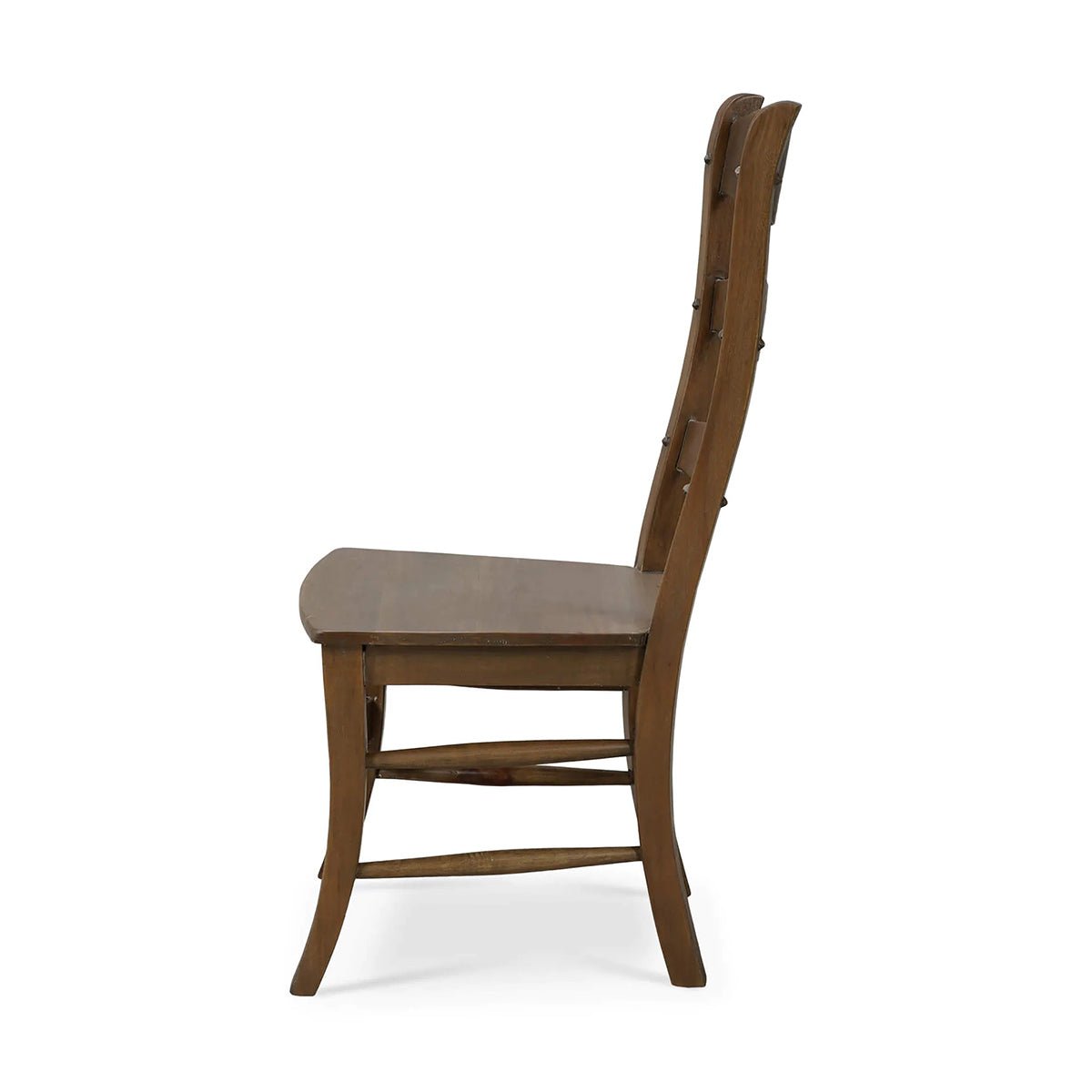 Side profile of wooden ladder back dining chair.