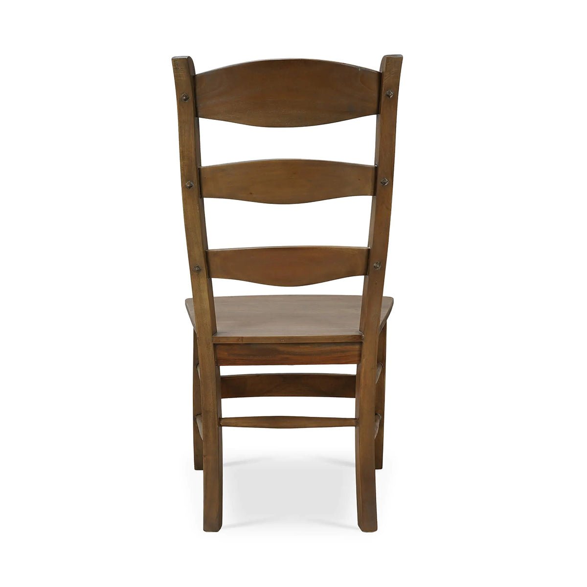 Back view of wooden ladder back dining chair.
