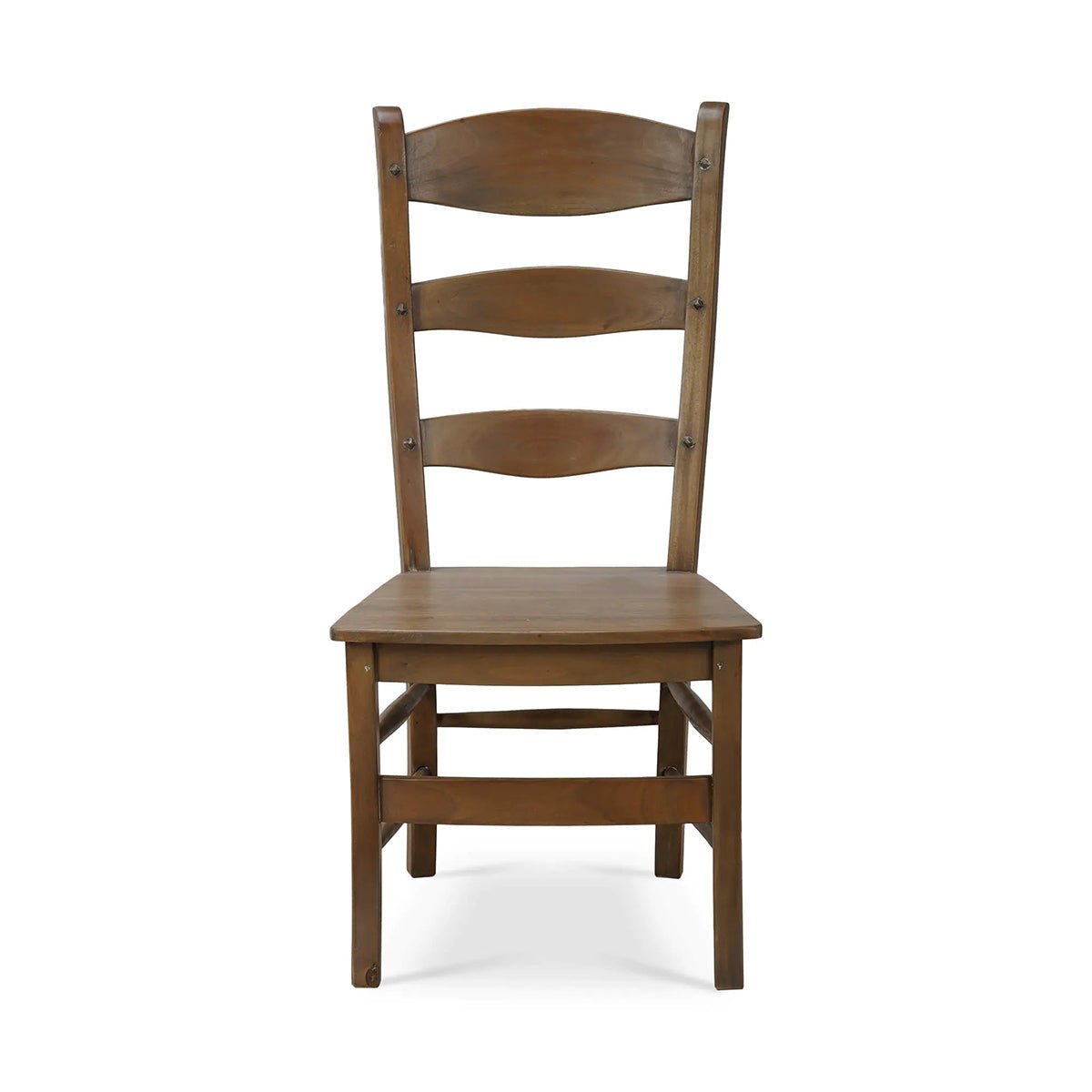 Front view of wooden ladder back dining chair.