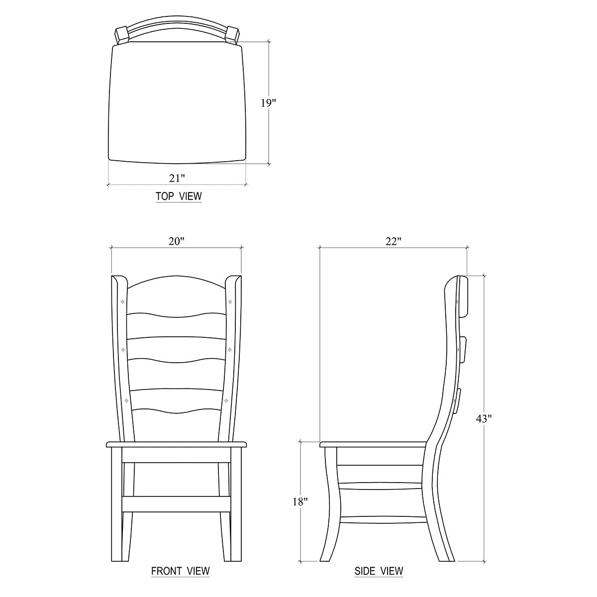 Schematic dimensions of wooden ladder back dining chair.