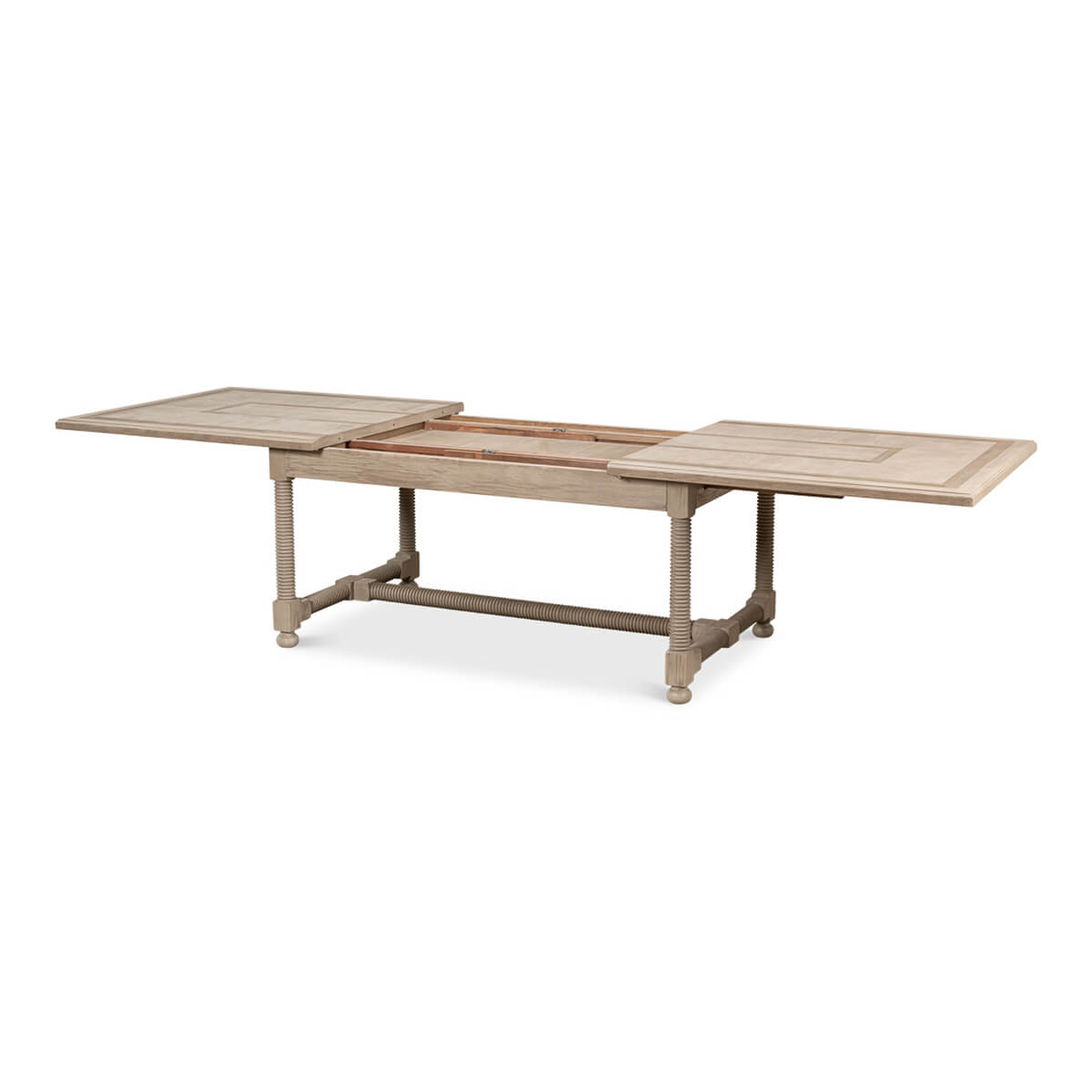 Fully retracted top of country draw leaf dining table.