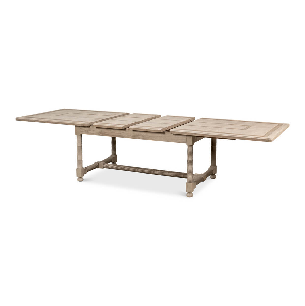 Partially extended top of country draw leaf dining table.