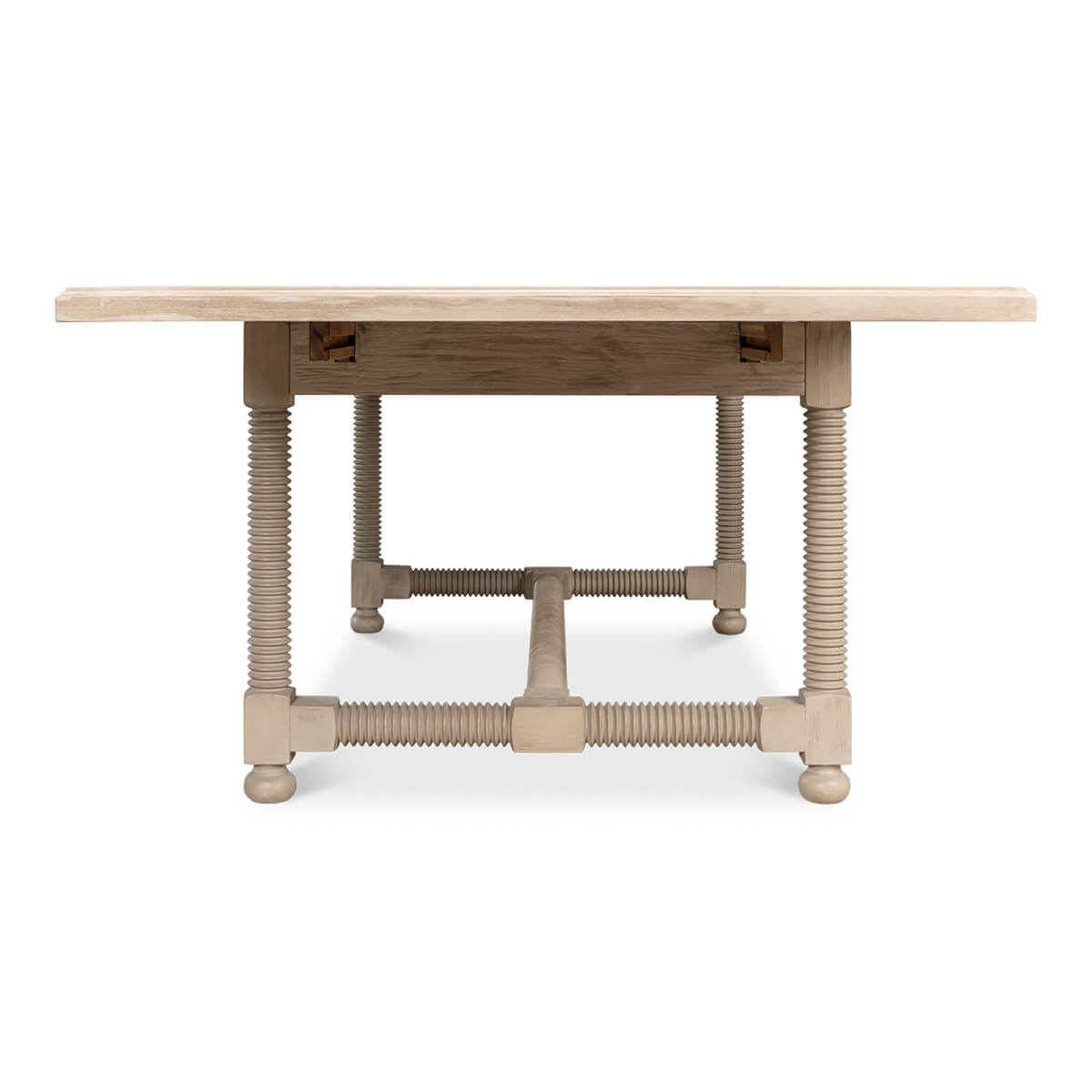 End view of country draw leaf dining table.