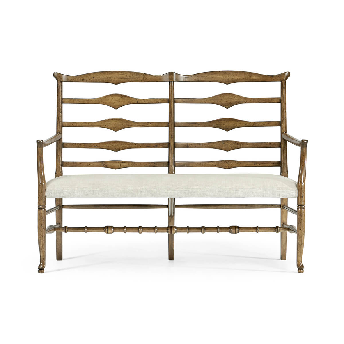 Country bench direct front view with cushions.