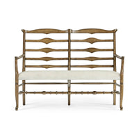 Country bench direct front view with cushions.