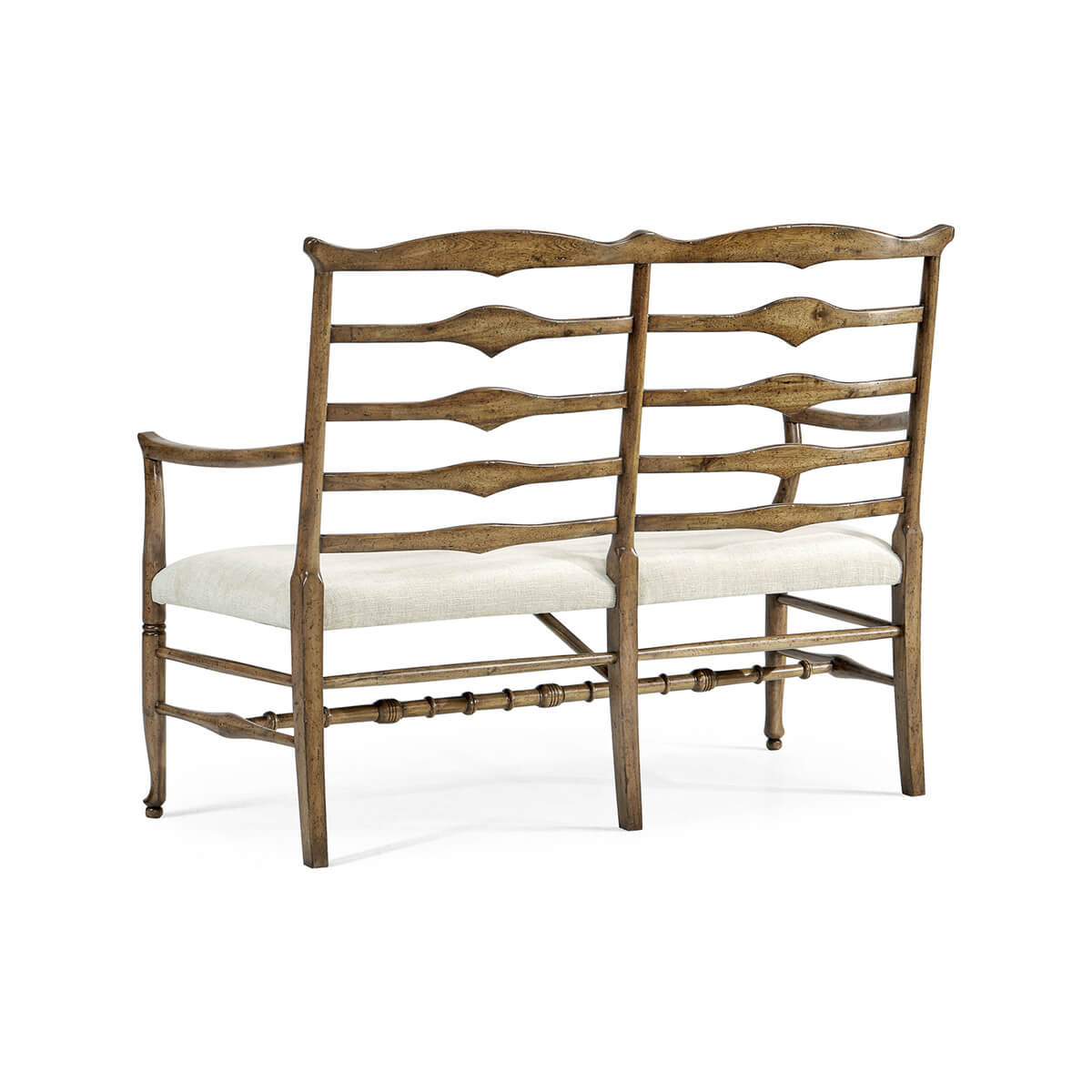 Country bench rear view showcasing ladder back design.