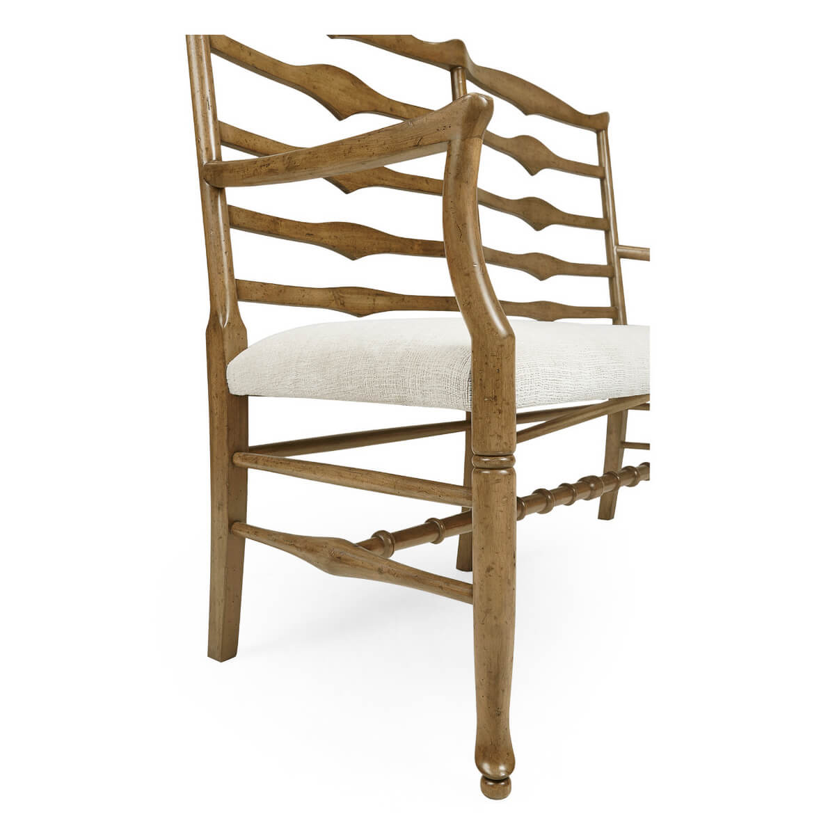 Side view of country bench showing armrest and cushion.