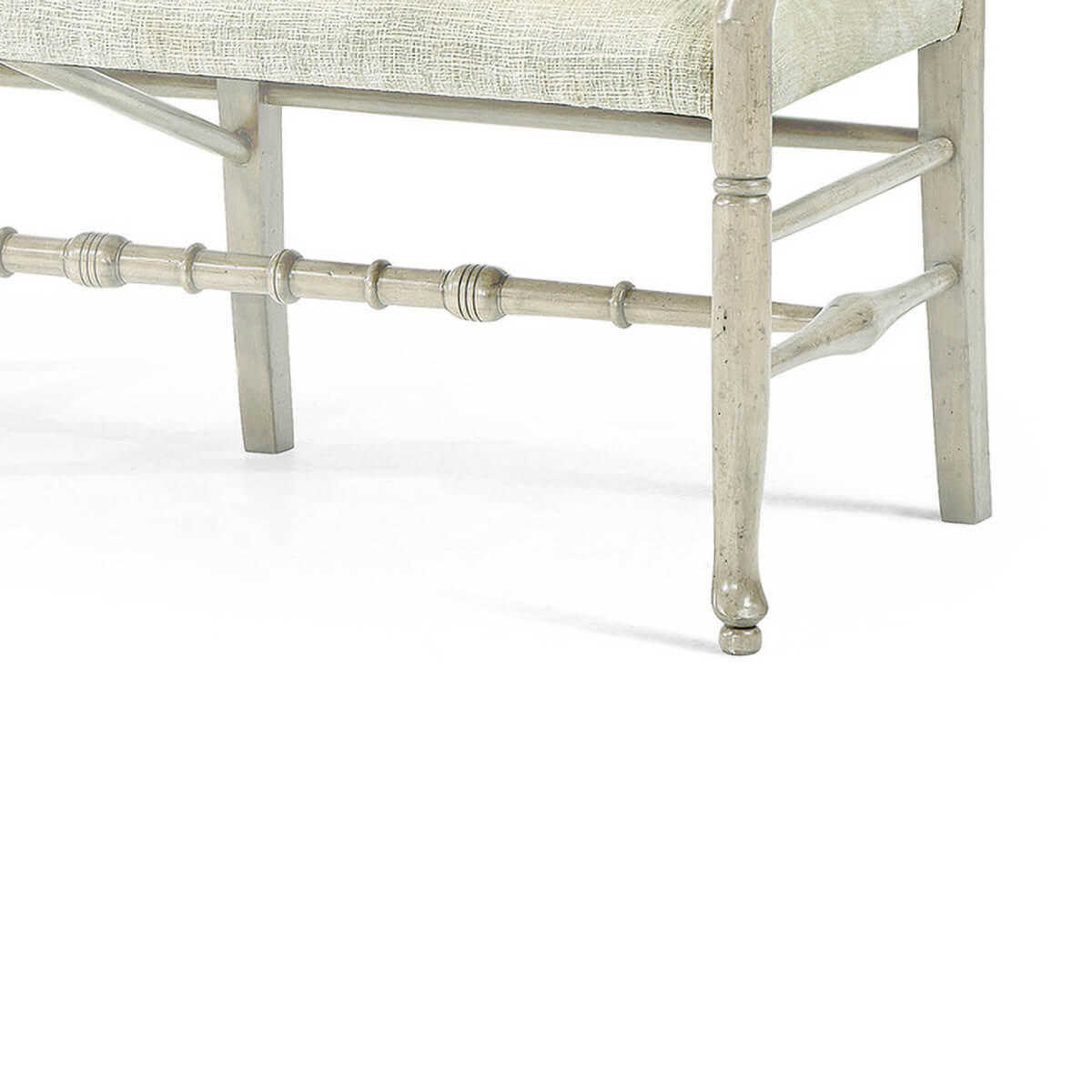 Close-up of bench leg and stretcher bar design.
