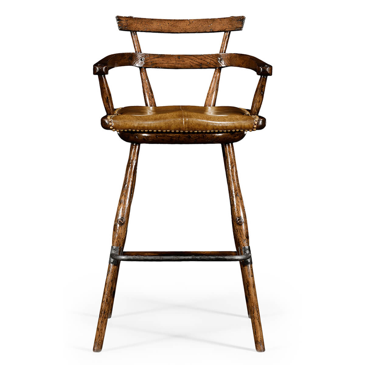 Front view of oak bar stool with leather cushion.