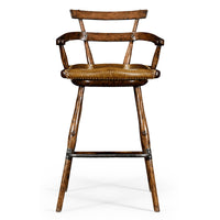Front view of oak bar stool with leather cushion.
