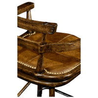 Side-angle of bar stool featuring wooden backrest design.