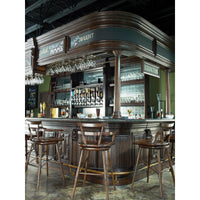 Elegant bar setup showcasing multiple wooden bar stools.