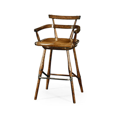 Rustic oak bar stool with armrests and leather seat.