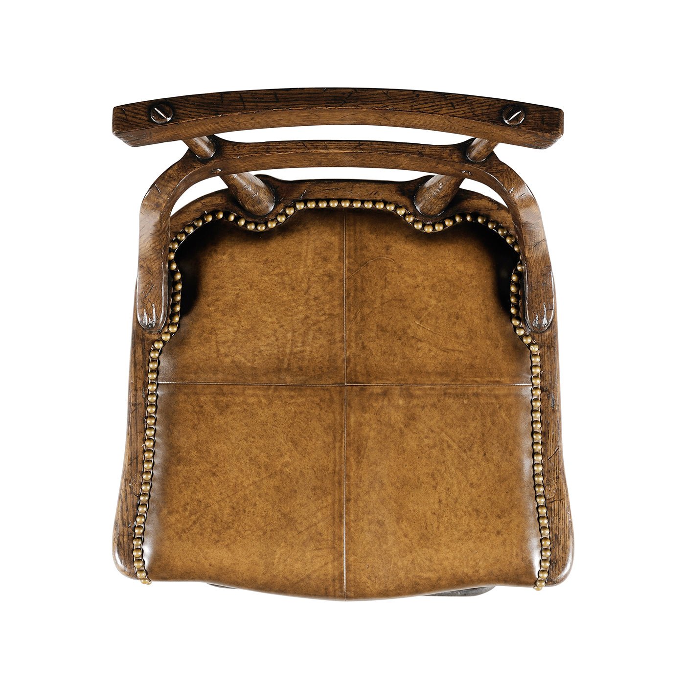 Top view of rustic bar stool seat, leather upholstery.