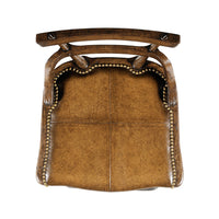 Top view of rustic bar stool seat, leather upholstery.