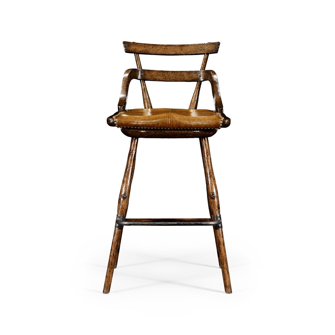 Rustic bar stool front view, wooden design.