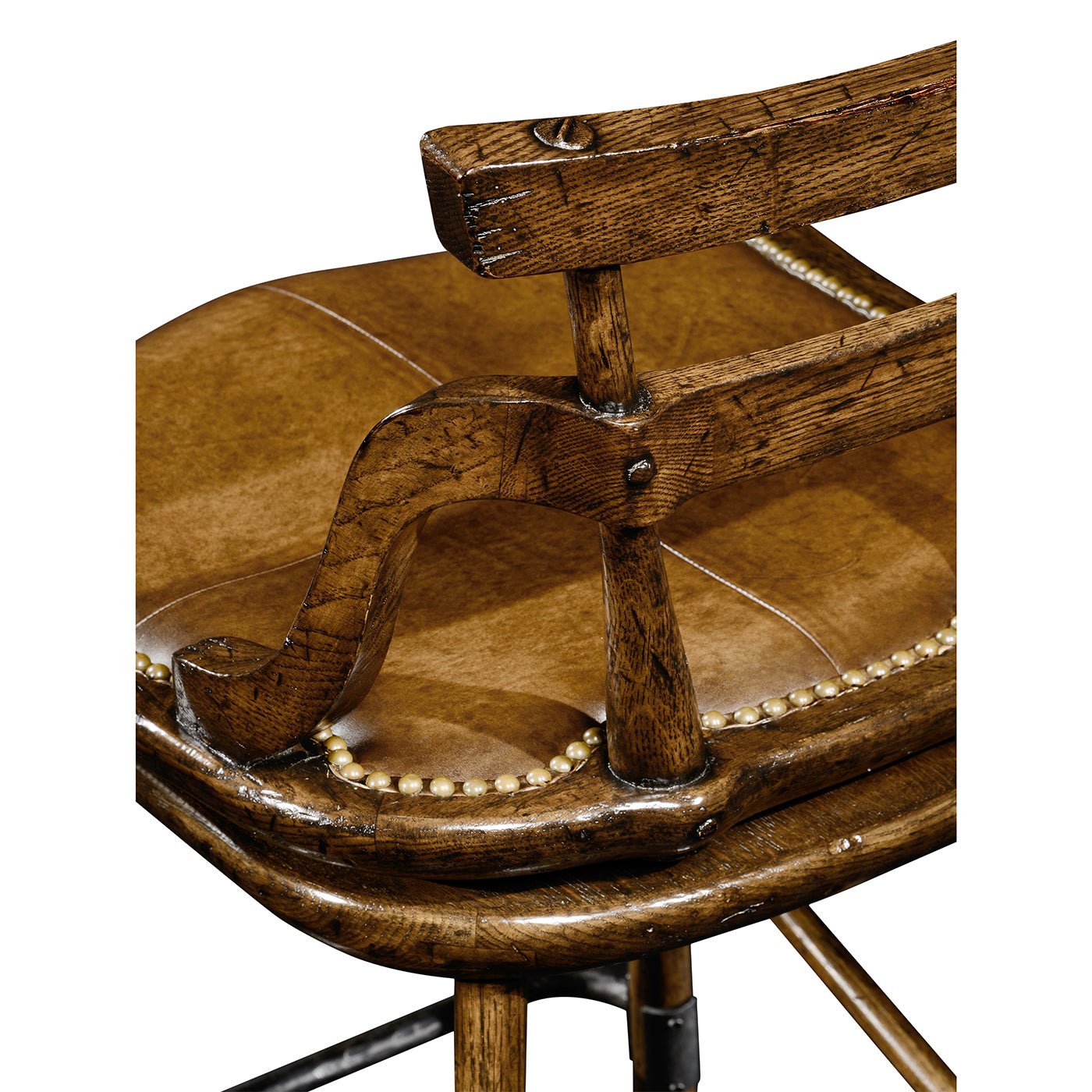 Side view of bar stool arm and seat, wood finish.