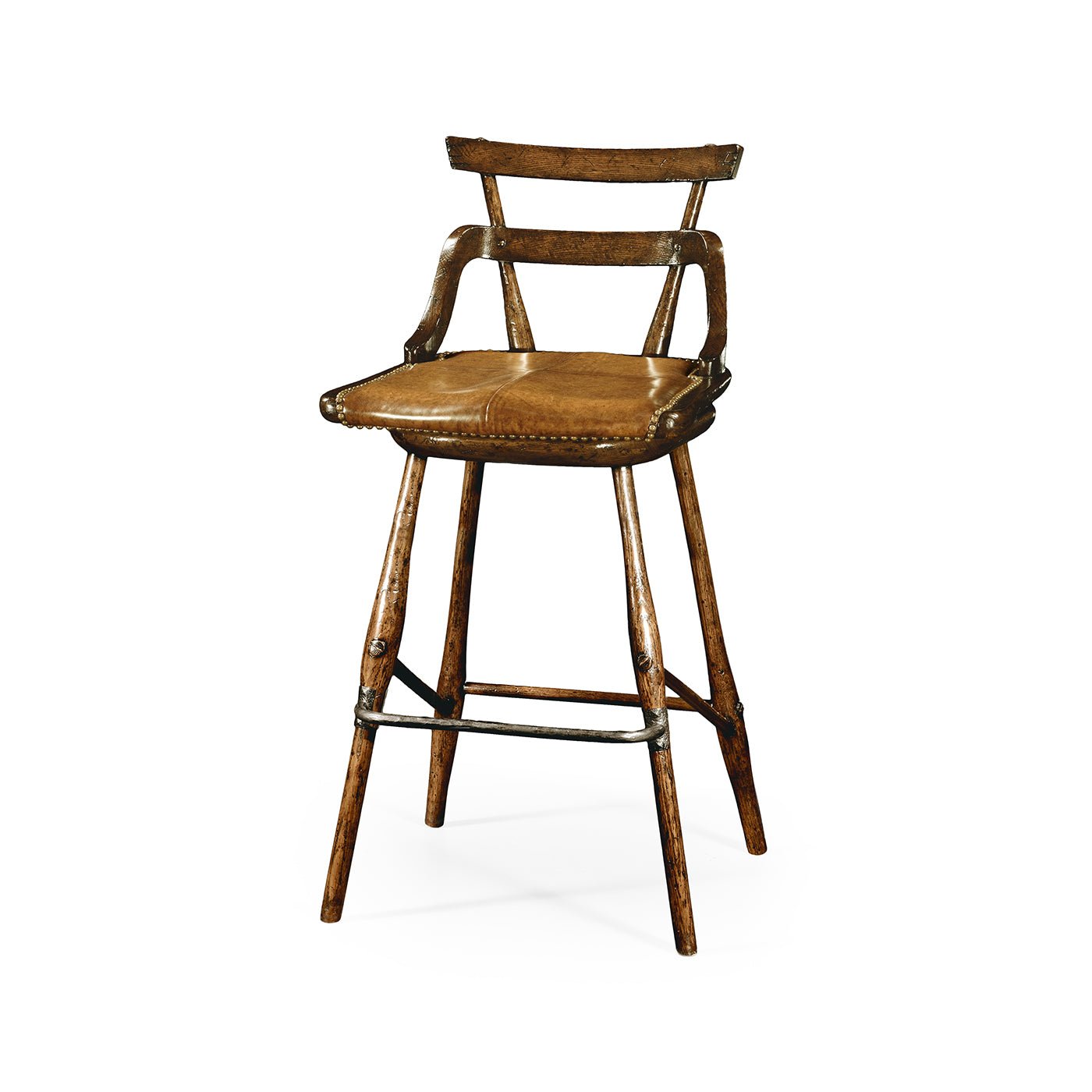 Rustic brown bar stool with armrests, front view.