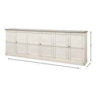Dimensions of sideboard, white body with gray top.