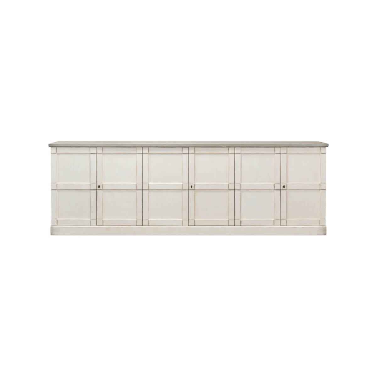 Front view of off-white sideboard, cabinet doors closed.