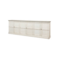 Sideboard angled view, white with gray top, closed.