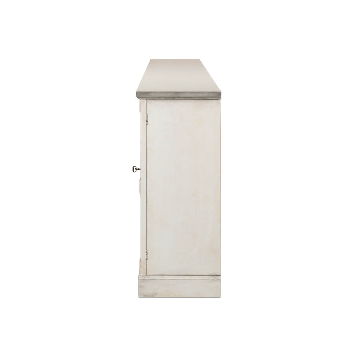 Side profile of off-white sideboard, gray top.