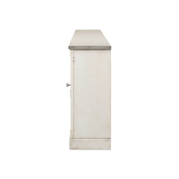 Side profile of off-white sideboard, gray top.