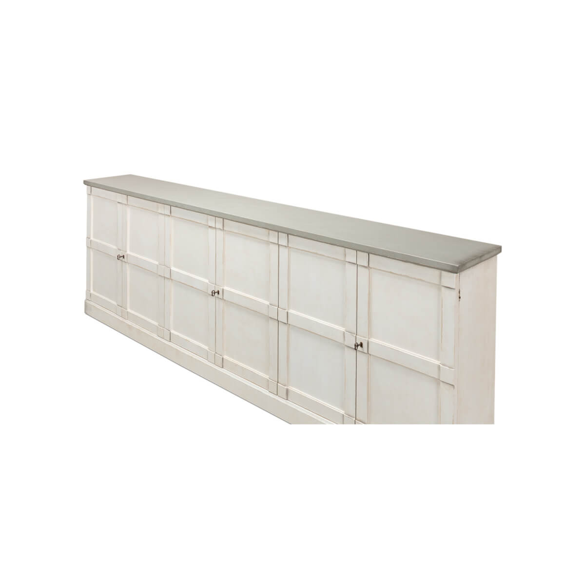 Angled view of white sideboard, gray top corner.