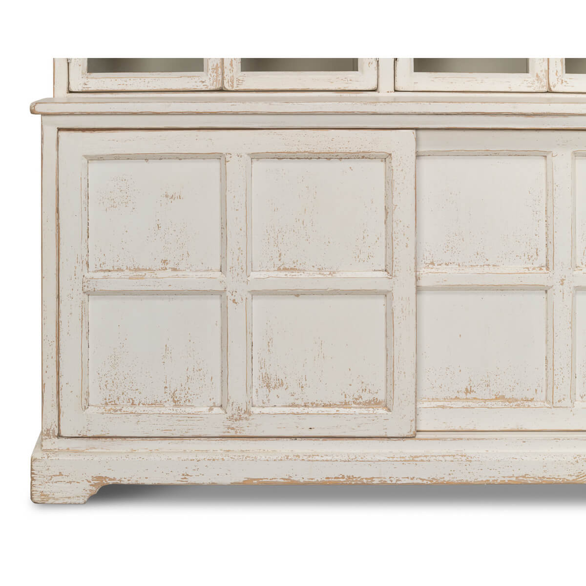 Bookcase lower section with distressed finish close-up.