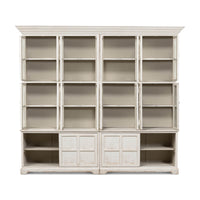 White bookcase with open lower doors front view.