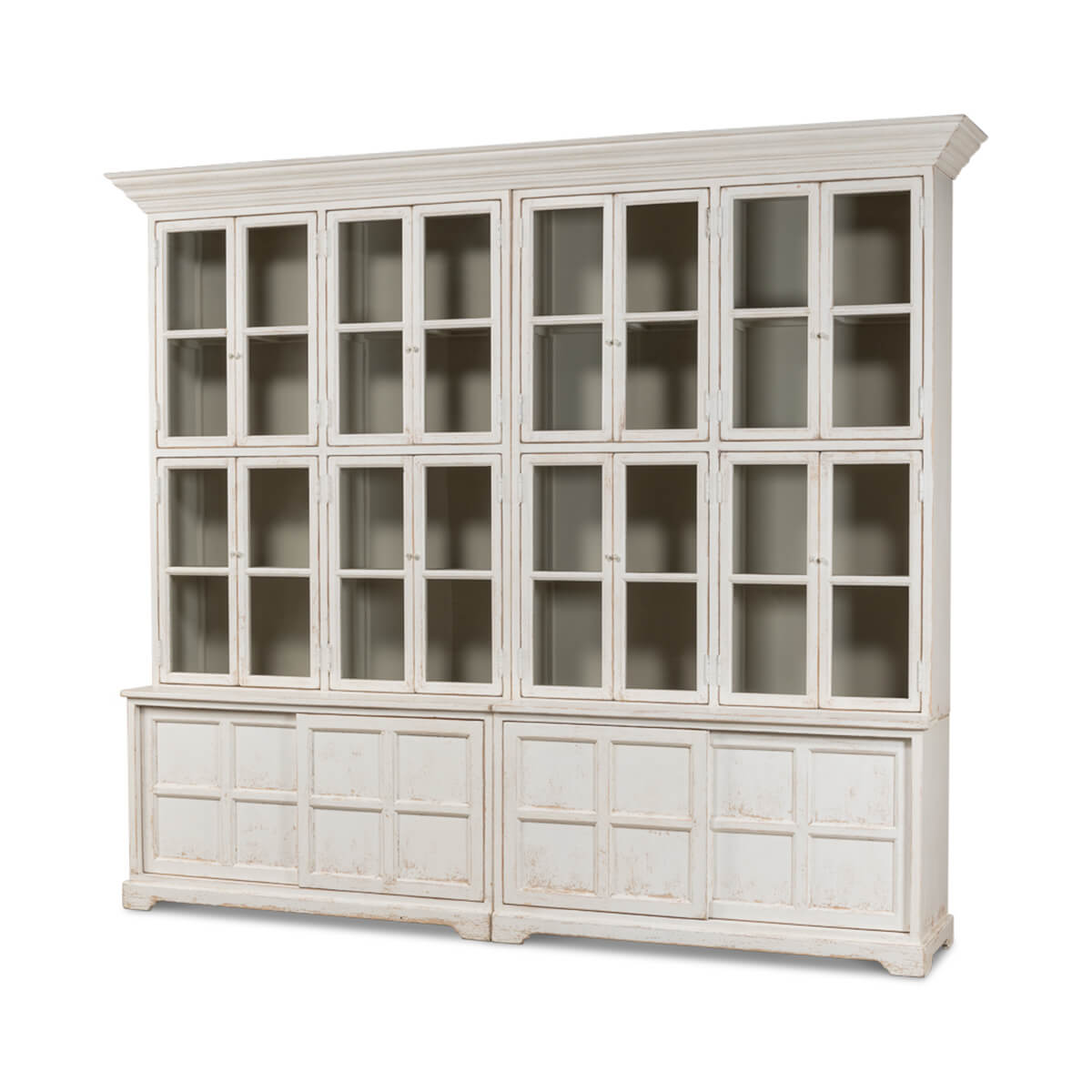 White bookcase with glass doors angled view.