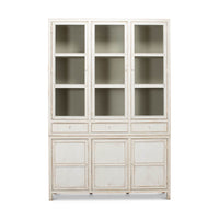 White display cabinet front view, glass doors, three sections.