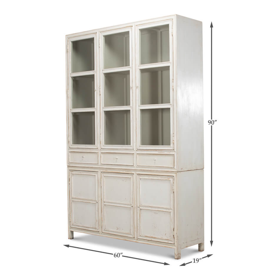 White display cabinet dimensions: 90" height, 60" width, 19" depth.