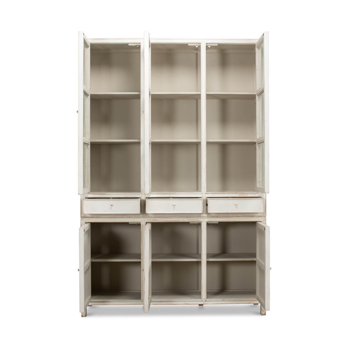 Open display cabinet, glass doors, shelves, storage compartments.