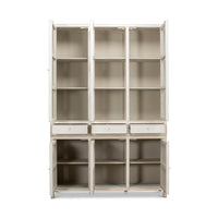 Open display cabinet, glass doors, shelves, storage compartments.