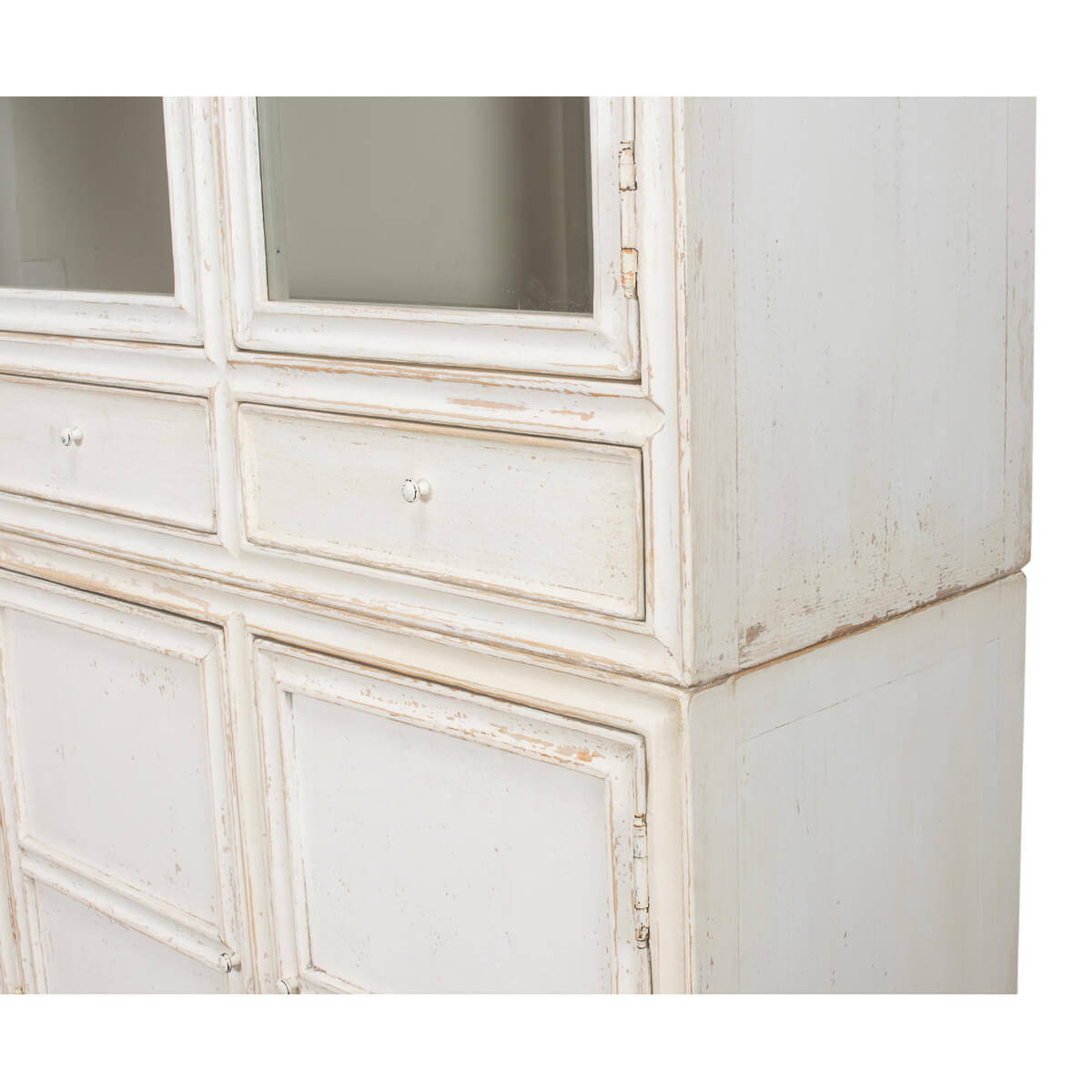 Close-up display cabinet, drawer and door detail, distressed finish.