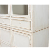 Close-up display cabinet, drawer and door detail, distressed finish.