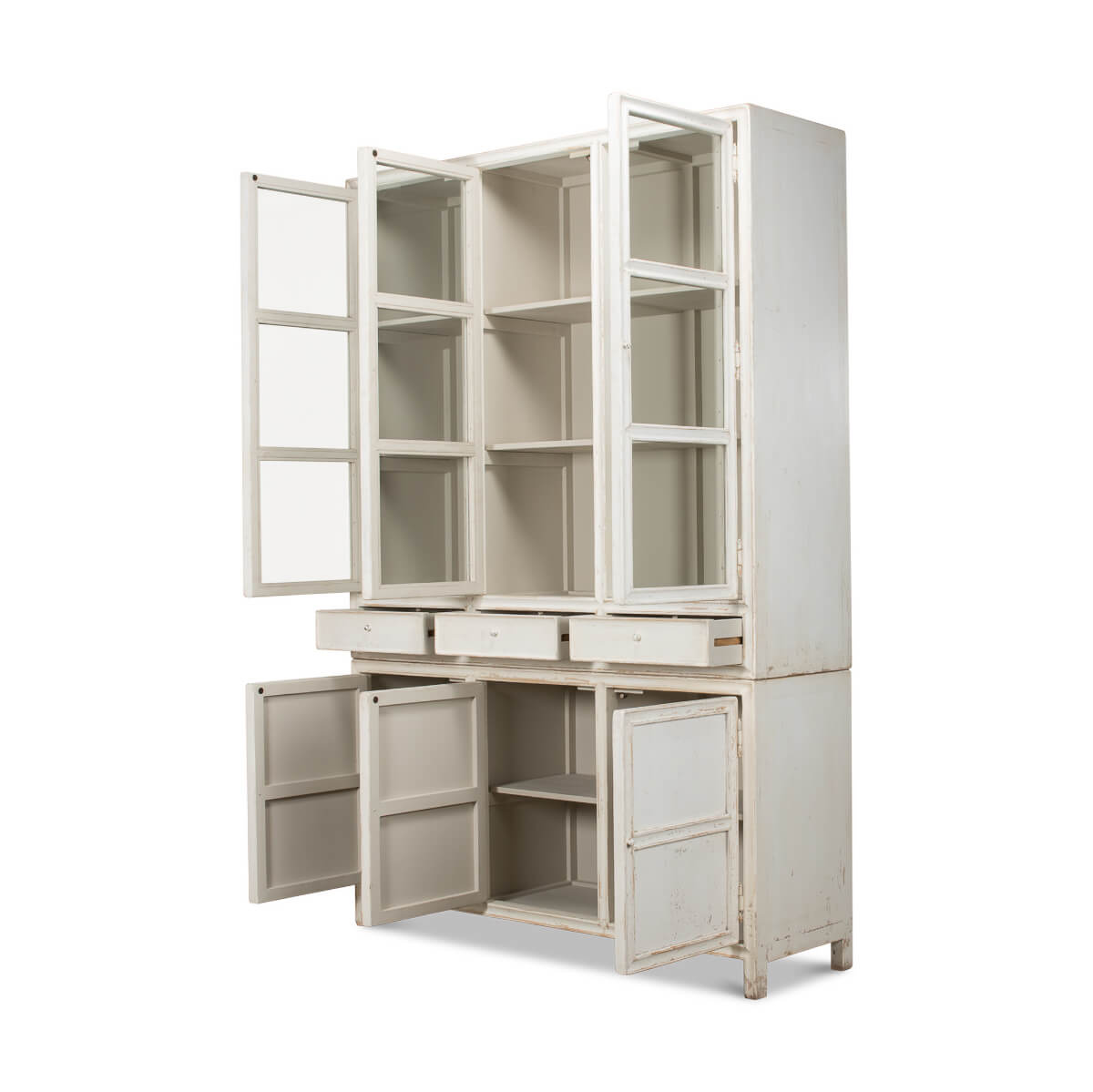 Open display cabinet, side view, shelves, lower compartments.