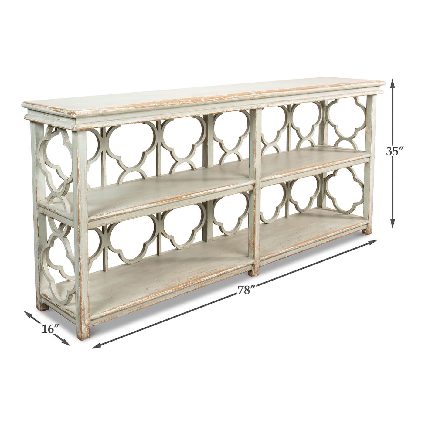 Dimensions shown for country painted quatrefoil bookcase.