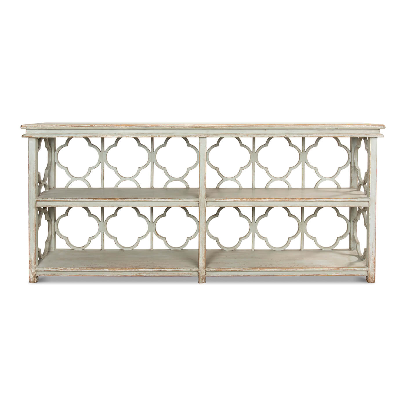 Front view of country painted quatrefoil bookcase.