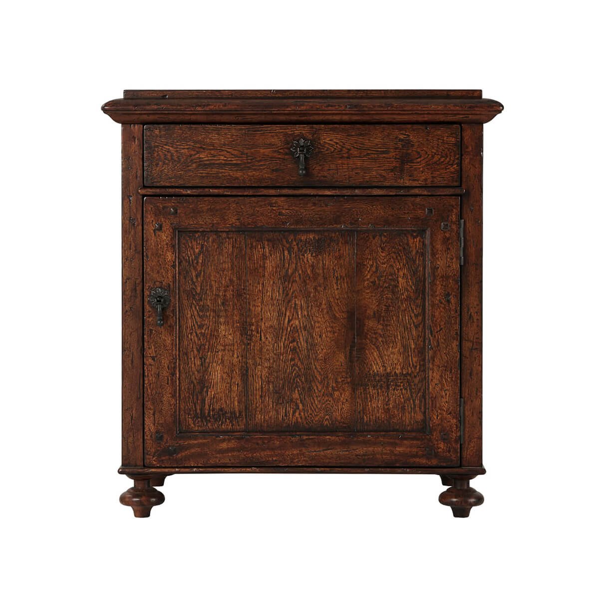 Rustic oak bedside table, front view.