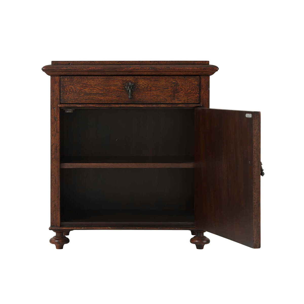 Open door showing interior shelves of rustic bedside table.