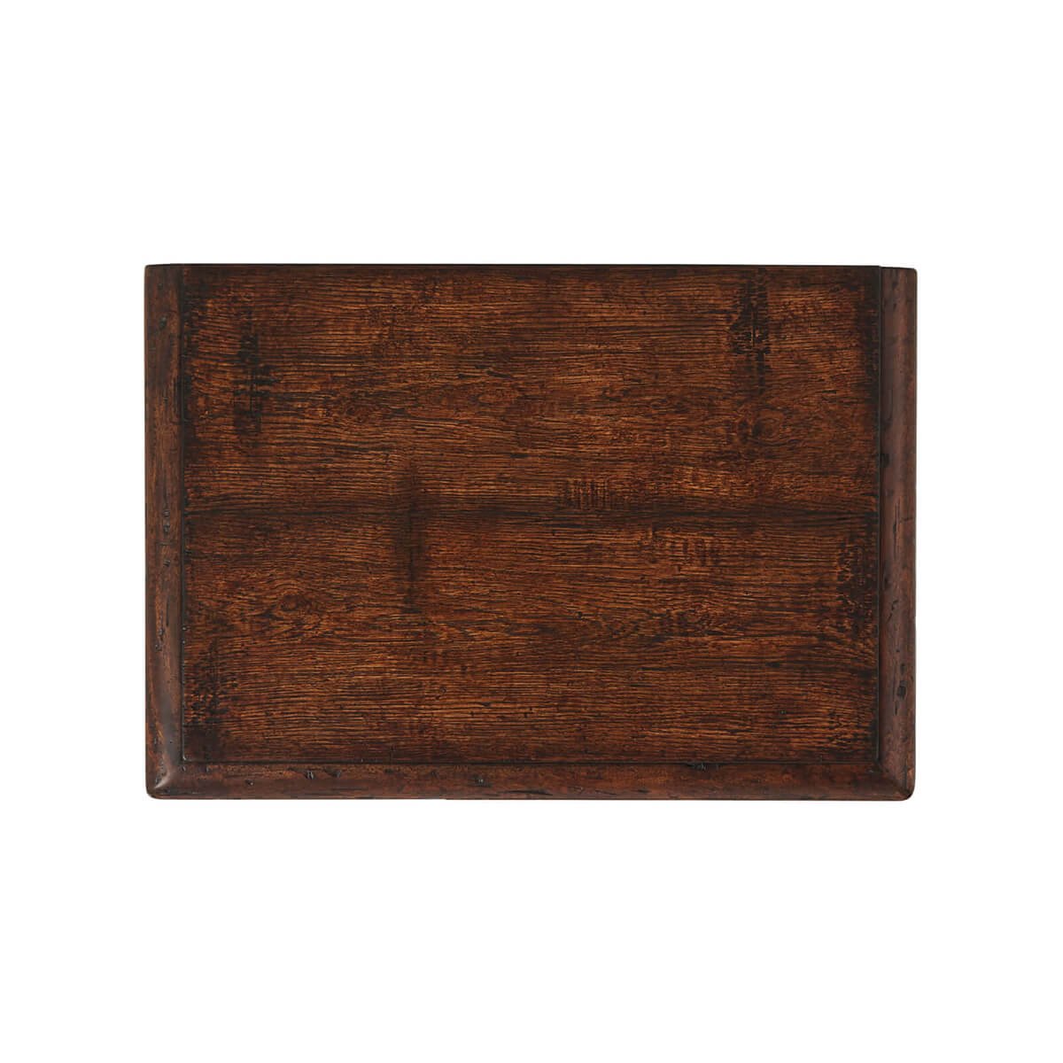 Top view of rustic oak bedside table surface.