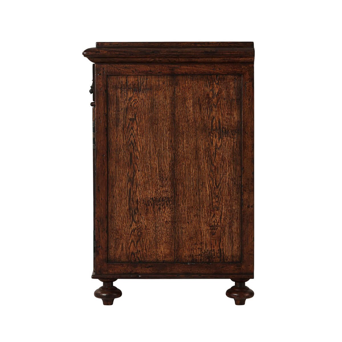 Side view of rustic oak bedside table.
