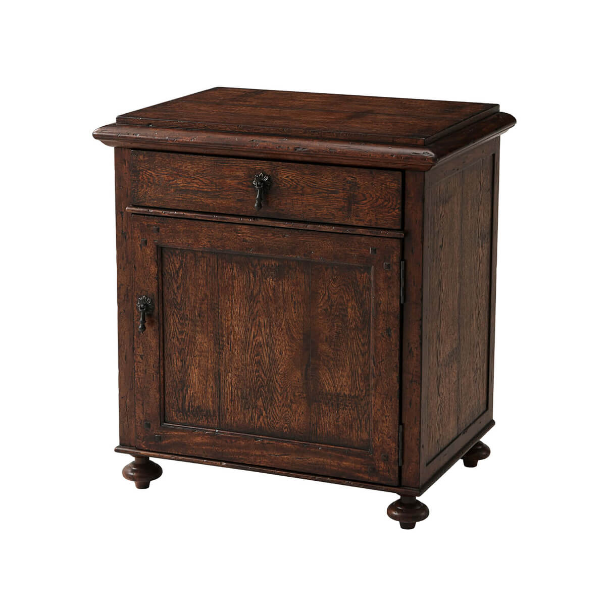 Rustic oak bedside table, angled view.