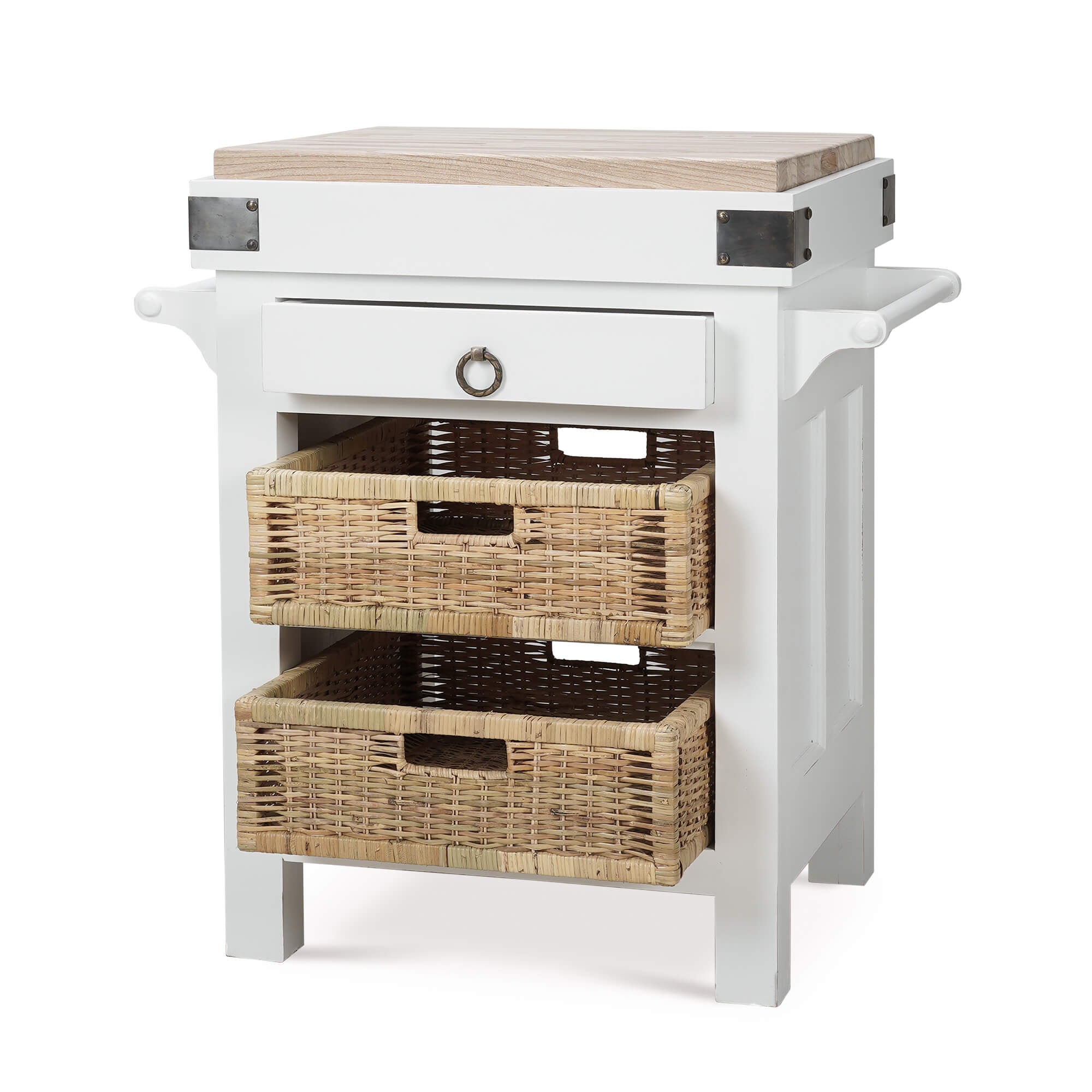 Side view of kitchen island with storage baskets.