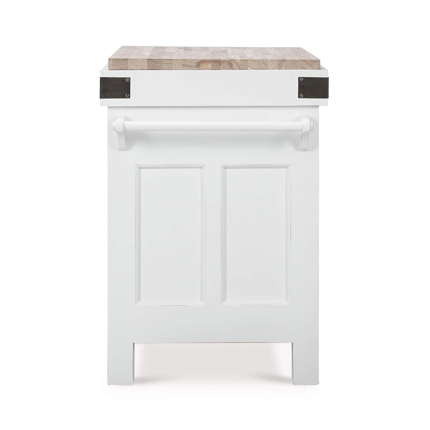Side panel of kitchen island, white finish detail.