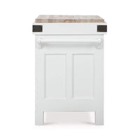 Side panel of kitchen island, white finish detail.