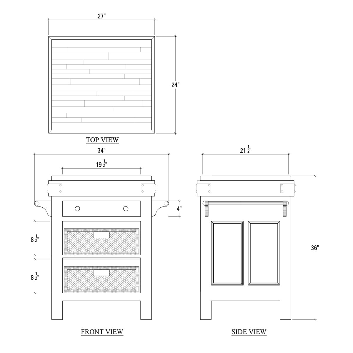 Kitchen island dimensions diagram with detailed measurements.