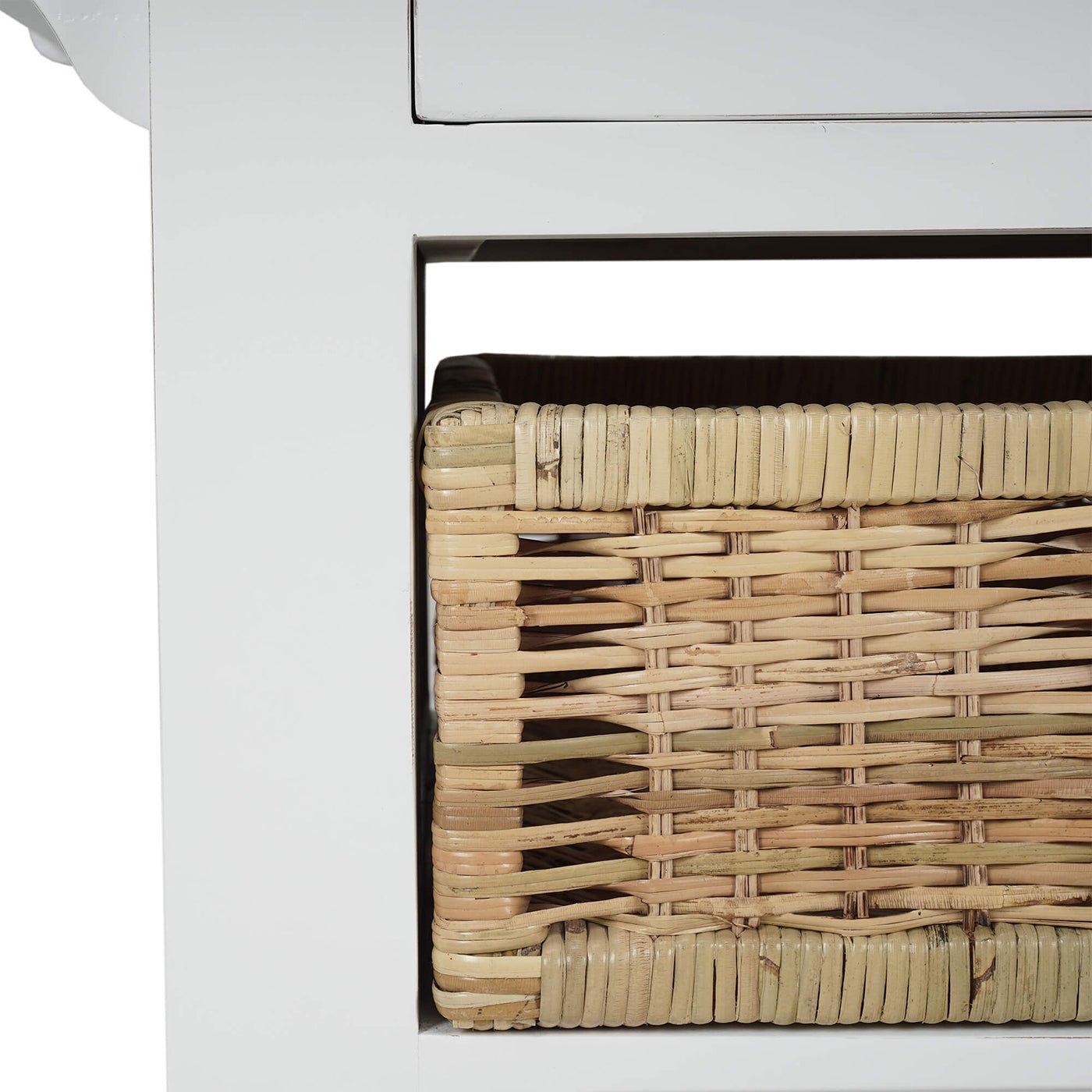Close-up of kitchen island basket detail, woven texture.